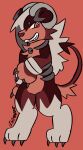  absurd_res anthro bone canine_teeth chest_tuft claws fur generation_2_pokemon generation_7_pokemon hair hi_res horn houndoom jackrabbit_(artist) looking_aside lycanroc male midnight_lycanroc nintendo pokemon pokemon_(species) red_body red_fur signature skull smile smirk solo spade_tail tail tuft 