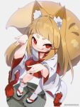  1girl :3 :q animal_ear_fluff animal_ears asymmetrical_legwear blunt_bangs blurry brown_hair depth_of_field double_fox_shadow_puppet foreshortening fox_ears fox_girl fox_shadow_puppet fox_tail from_above hakama hakama_short_skirt hakama_skirt highres indie_virtual_youtuber japanese_clothes kimono kuro_kosyou long_hair looking_at_viewer looking_up miko miniskirt mismatched_legwear red_eyes red_hakama red_skirt sandals shadow_puppet shirt single_sock single_thighhigh skirt smile socks solo tail thighhighs tongue tongue_out virtual_youtuber white_kimono white_shirt white_socks white_thighhighs yuruha_(vtuber) 