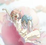  2girls absurdres arm_up ass bare_arms bare_legs bloom blue_hair blurry blurry_background blurry_foreground braid closed_eyes collar commentary flower hair_flaps highres jisai_10 long_hair lying meika_hime meika_mikoto minigirl multiple_girls on_side open_mouth pink_flower pink_hair plum_blossoms red_collar rubbing_eyes shirt sidelighting sitting sleeveless sleeveless_shirt stretching vocaloid waking_up white_shirt 
