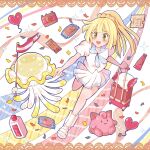 1girl balloon blonde_hair blunt_bangs blush camera commentary_request confetti eyelashes flag following frilled_pillow frills green_eyes heart_balloon highres holding holding_another&#039;s_arm holding_flag holding_suitcase lillie_(nihilego) lillie_(pokemon) long_hair n_yurikun nihilego open_mouth pillow pleated_skirt pokemon pokemon_(anime) pokemon_(creature) pokemon_journeys ponytail rolling_suitcase shirt skirt smile socks sparkle stuffed_toy suitcase ticket white_footwear white_shirt white_skirt white_socks 