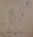  equid equine female feral fluffy funny_face hair hi_res hooves horse hybrid jumping long_tail mammal monochrome pinky_bestia pony sketch solo tail traditional_media_(artwork) 