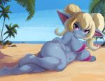  absurd_res beach big_breasts bikini bikini_thong blonde_hair breasts butt clothing cranihum hair hi_res league_of_legends looking_at_viewer looking_back looking_back_at_viewer not_furry poppy_(lol) riot_games seaside sling_bikini swimwear yordle 