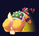  abstract_background anthro anus armband balls blush bowser bracelet butt collar color_wheel_challenge exclamation_point genitals hi_res horn jewelry koopa lemonzealot male mario_bros nintendo overweight overweight_male puffy_anus red_eyes scalie shell solo spiked_armband spiked_bracelet spiked_collar spiked_shell spikes spikes_(anatomy) yellow_body 