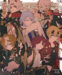  6+boys ahoge aiguillette animal_ears aqua_eyes arataki_itto armor arms_up artist_name asymmetrical_sleeves bandaged_arm bandaged_hand bandages black_collar black_gloves black_nails black_scarf black_shirt blonde_hair blue_hair bodypaint bow_(weapon) branch brown_background brown_hair chest_harness closed_mouth club_(weapon) collar collarbone colored_inner_hair crossed_bangs dog_ears dog_tags earrings facepaint fake_horns fingerless_gloves fingernails flower frown genshin_impact gloves gn4othi61 gold_trim gorou_(genshin_impact) green_eyes grey_pants hair_between_eyes harness headband holding holding_bow_(weapon) holding_sword holding_weapon horned_headwear horns igote jacket japanese_armor japanese_clothes jewelry kaedehara_kazuha kagotsurube_isshin_(genshin_impact) kamisato_ayato kanabou kimono kote kurokote lapels long_hair long_sleeves looking_at_viewer male_focus mismatched_sleeves multicolored_hair multiple_boys oni_horns open_clothes open_jacket outstretched_arm pants parted_bangs parted_lips paw_print pom_pom_(clothes) purple_eyes red_eyes red_hair red_horns red_jacket red_scarf rope scarf shikanoin_heizou shimenawa shirt short_hair shorts shoulder_armor sidelocks sleeveless sleeveless_shirt sode spiked_club streaked_hair swept_bangs sword tassel thank_you thoma_(genshin_impact) twitter_username v-shaped_eyebrows weapon white_flower white_hair white_jacket white_kimono white_shirt wide_sleeves 