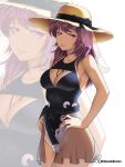  1girl alternate_costume black_one-piece_swimsuit breasts cleavage commission eremiya_(fire_emblem) etchimune fire_emblem fire_emblem:_new_mystery_of_the_emblem large_breasts long_hair looking_at_viewer one-piece_swimsuit purple_eyes purple_hair see-through smile solo swimsuit thighs zoom_layer 