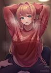  1girl absurdres arms_behind_head arms_up black_pants blush breasts collarbone commission doki_doki_literature_club english_text green_eyes hair_behind_ear hair_intakes hand_on_another&#039;s_thigh head_tilt hetero highres licking_lips long_hair looking_at_viewer medium_breasts mi_tarou0412 monika_(doki_doki_literature_club) open_mouth pants pov protagonist_(doki_doki_literature_club) red_sweater shirt sitting sitting_on_person smile solo steaming_body sweater tongue tongue_out twitter_username very_long_hair watermark white_shirt 