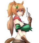  1girl absurdres animal_ears bandana bandeau blue_eyes breasts brown_hair brown_headwear chinese_commentary commentary detached_sleeves from_side grin gun hair_ornament hand_up highres holding holding_gun holding_weapon horse_ears large_breasts looking_at_viewer midriff ponytail revolver short_hair short_sleeves simple_background smile solo star_(symbol) star_hair_ornament taiki_shuttle_(umamusume) umamusume upper_body weapon white_background yuedengyuhao 