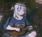  1girl :/ ahoge bathtub blue_eyes blue_hair blue_shirt blunt_bangs blush bread bread_slice chunkyeggy closed_mouth clothes_writing coffee_mug cup english_text fins fish_tail food gawr_gura grey_hair hair_ornament highres holding holding_instrument hololive hololive_english indoors instrument medium_hair mug multicolored_hair music partially_submerged plate playing_instrument rubber_duck shampoo_bottle shark_girl shark_hair_ornament shark_tail shirt short_sleeves shower_head sidelocks sitting soap_bottle solo streaked_hair t-shirt tail tile_wall tiles toaster two_side_up ukulele virtual_youtuber water window_shade 