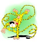  2018 4_fingers anthro black_nose digital_media_(artwork) fingers fur handstand long_tail male marsupilami marsupilami_(character) marsupilami_(series) navel noma simple_background smile solo spots spotted_body tail tongue tongue_out yellow_body yellow_fur 
