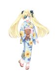  1girl aokana_sawa blonde_hair blue_eyes bow dairoku_ryouhei eyepatch floral_print full_body hair_ornament holding holding_stuffed_toy japanese_clothes kimono long_hair looking_at_viewer lucy_bluebell print_kimono sandals stuffed_animal stuffed_toy teddy_bear transparent_background twintails 