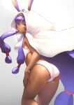  1girl animal_ears ass bare_shoulders breasts dark-skinned_female dark_skin earrings facepaint facial_mark fate/grand_order fate_(series) hairband highleg highleg_swimsuit highres hoop_earrings jackal_ears jewelry long_hair looking_at_viewer looking_back low-tied_long_hair medium_breasts nitocris_(fate) nitocris_(swimsuit_assassin)_(fate) one-piece_swimsuit otsukemono purple_eyes purple_hair sidelocks solo swimsuit thighs very_long_hair white_one-piece_swimsuit 