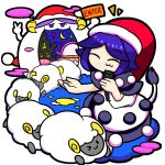  1girl ^3^ blue_hair chibi closed_eyes doremy_sweet dream_world_(touhou) dress encode8564 english_text hat looking_at_viewer microphone polka_dot polka_dot_dress santa_hat sheep tail tapir_tail touhou white_background 