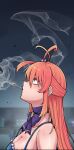  1girl bags_under_eyes blue_camisole blurry blurry_background breasts camisole cigarette cjrb1228 empty_eyes from_behind half_updo highres holding holding_cigarette last_origin looking_up medium_breasts momo_(last_origin) mouth_hold orange_hair smoke smoking solo 