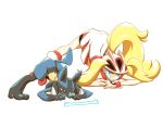  1girl absurdres animal_ears animal_hands black_shorts blonde_hair blue_eyes bone closed_mouth dog_ears dog_tail dress fingerless_gloves full_body gloves hair_between_eyes helmet highres jack-o&#039;_challenge kakashino_kakato korrina_(pokemon) long_hair looking_down lucario pokemon pokemon_(creature) pokemon_(game) pokemon_xy ponytail red_eyes roller_skates shorts skates smile spikes tail top-down_bottom-up very_long_hair white_background white_dress 