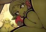  apple eating female food fruit genitals goblin green_body green_skin hair hi_res humanoid noise_(artist) not_furry plant pussy short_hair thick_thighs 