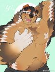  1boy animal_ears bandaid bandaids_on_nipples bara belly black_fur boogbogex brown_eyes brown_fur chest_hair cowboy_shot dog_boy dog_ears english_text fluffy furry furry_male grabbing groping haki_(boogbogex) highres large_pectorals looking_to_the_side male_focus motion_lines muscular muscular_male navel navel_hair nervous_smile orange_fur original pasties pectoral_grab pectorals plump scratching_head smile solo thick_eyebrows topless_male whiskers white_fur 
