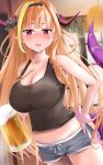  1girl absurdres ahoge beer_mug black_tank_top blonde_hair blue_shorts blunt_bangs blush braid breasts cleavage cup dragon_girl dragon_horns dragon_tail hand_on_own_hip highres holding holding_cup hololive horns kiryu_coco large_breasts long_hair looking_at_viewer mochiki_927 mug multicolored_hair open_mouth orange_hair pointy_ears red_eyes short_shorts shorts sidelocks single_braid streaked_hair tail tank_top virtual_youtuber 