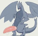  anthro blue_eyes blush bodily_fluids claws dragon dripping erection genital_fluids genitals grey_body hi_res male open_mouth penis question_mark simple_background solo solterv yellow_background 