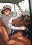  1girl brown_eyes brown_hair car_interior dated highres kantai_collection long_sleeves open_mouth pince-nez ribbed_sweater roma_(kancolle) seatbelt short_hair sitting solo sweater tantaka twitter_username white_sweater 