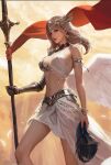  1girl angel_wings asymmetrical_armor breasts brown_eyes circlet gauntlets hair_ornament highres holding holding_polearm holding_weapon looking_at_viewer medium_breasts medium_hair nakaichi_(ridil) original parted_lips polearm single_gauntlet solo spear weapon white_hair wings 