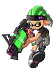  .52_gal_(splatoon) 1boy black_headband black_shirt commentary_request cross-laced_footwear green_hair grey_footwear grey_shorts gun headband highres holding holding_gun holding_weapon inkling inkling_boy orange_eyes pointy_ears ponytail shirt shoes short_hair shorts simple_background solo splatoon_(series) splatoon_3 weapon white_background xdies_ds 