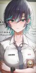  1girl absurdres aqua_eyes aqua_hair arms_under_breasts blue_hair blue_necktie breasts closed_mouth collarbone collared_shirt highres indonesian_high_school_uniform large_breasts looking_at_viewer mole mole_on_neck mole_under_mouth multicolored_hair necktie original school_uniform shirt short_hair short_sleeves solo streaked_hair translation_request upper_body vloodozer watch white_shirt 