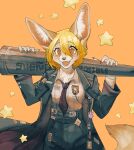  1girl animal_ear_fluff animal_ears animal_nose black_coat blonde_hair blush body_fur bright_pupils claws coat collarbone collared_shirt don_quixote_(limbus_company) english_commentary eyes_visible_through_hair fangs fennec_fox fox_ears fox_girl fox_tail furrification furry furry_female gradient_hair hair_between_eyes highres holding holding_polearm holding_weapon lance limbus_company long_sleeves looking_at_viewer maxpawb multicolored_hair necktie open_clothes open_coat open_mouth orange_background orange_eyes orange_hair polearm project_moon red_necktie shirt short_hair simple_background smile solo spanish_text star_(symbol) tail weapon white_fur white_pupils white_shirt 