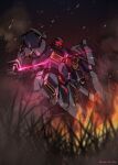  assault_visor beam_rifle beam_saber blurry clenched_hand daue depth_of_field earth_federation energy_gun fire grass gundam gundam_hathaway&#039;s_flash gustav_karl highres holding holding_sword holding_weapon looking_down mecha mobile_suit night no_humans outdoors robot science_fiction shield signature smoke solo standing sword weapon 