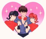  1girl 2boys black_hair blush brown_hair flower heart highres implied_bisexual kunou_tatewaki marshiyan multiple_boys pectorals ranma-chan ranma_1/2 red_flower red_rose rose saotome_ranma teeth 