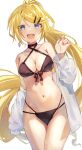  1girl aged_up alternate_hair_length alternate_hairstyle bikini black_bikini blue_eyes breasts cleavage commentary_request earrings facing_viewer hair_between_eyes hand_up happy high_ponytail highres inuyama_(1109) jewelry kagamine_rin long_hair looking_at_viewer medium_breasts midriff multiple_hairpins navel off_shoulder open_mouth signature sketch sleeves_past_fingers sleeves_past_wrists solo stomach stomach_day sweat swept_bangs swimsuit very_long_hair vocaloid white_background 