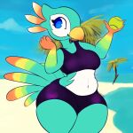  1:1 2023 anthro avian ball beach beak biped bird bird_body_(nintendo_switch_sports) blue_body blue_eyes blue_feathers bottomwear clothing countershade_torso countershading crop_top drppng eyelashes feathers female gradient_feathers green_body green_feathers head_tuft hi_res holding_object hotpants midriff multicolored_body multicolored_feathers navel nintendo nintendo_switch nintendo_switch_sports orange_body orange_feathers outside palm_tree pants parrot plant purple_bottomwear purple_clothing purple_pants purple_shirt purple_topwear seaside shirt shorts sky slightly_chubby smile solo tail_feathers tennis_ball topwear tree tuft water white_body white_feathers wide_hips yellow_body yellow_feathers 