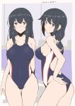  2girls alternate_costume artist_name black_hair black_one-piece_swimsuit brown_eyes cowboy_shot dated from_behind fusou_(kancolle) hair_flaps highres kantai_collection long_hair looking_at_viewer medium_hair multicolored_clothes multicolored_swimsuit multiple_girls official_alternate_hair_length official_alternate_hairstyle one-piece_swimsuit smile swimsuit taira_yuuki yamashiro_(kancolle) 