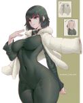  1girl absurdres arm_at_side black_dress blunt_bangs breasts cameltoe closed_mouth coat coat_on_shoulders collared_dress covered_navel curvy dark_green_hair dress fubuki_(one-punch_man) green_eyes hand_up highres impossible_clothes impossible_dress large_breasts linea_alba long_sleeves looking_ahead medium_hair melowh one-punch_man solo taut_clothes taut_dress thick_eyelashes white_coat wide_hips 