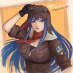  1girl alternate_costume artist_name aviator_cap black_shirt blue_eyes blue_hair bomber_jacket breasts caeda_(fire_emblem) cleavage cm_lynarc commission fire_emblem fire_emblem:_mystery_of_the_emblem fire_emblem:_shadow_dragon flight_goggles fur-trimmed_jacket fur_trim gloves goggles goggles_on_headwear jacket large_breasts long_hair looking_at_viewer partially_unzipped shirt simple_background smile solo 