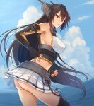  1girl arched_back armpits ass bare_shoulders black_gloves black_hair breasts elbow_gloves fingerless_gloves gloves headgear highres kantai_collection kasumi_(skchkko) large_breasts long_hair looking_at_viewer midriff miniskirt nagato_(kancolle) ocean panties parted_lips red_eyes sideboob skirt solo thighhighs thighs underwear white_panties 