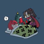  1boy 1girl :3 black_gloves blue_background brown_hair christmas christmas_stocking christmas_tree commentary english_commentary fate/grand_order fate_(series) futon fuuma_kotarou_(fate) gift gloves hair_over_one_eye holding holding_gift katou_danzou_(fate) long_hair looking_at_another lying mother_and_son no_nose on_back on_one_knee oneroom-disco pillow ponytail red_hair red_scarf scarf short_hair shuriken_print simple_background sleeping smile spoken_zzz yellow_eyes zzz 