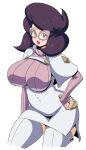  1girl big_hair breasts buttons capelet cropped_legs curvy glasses green_eyes hand_on_own_hip koutarosu large_breasts long_sleeves pink-framed_eyewear pink_sweater plump pokemon pokemon_(game) pokemon_sm purple_hair ribbed_sweater skirt solo sweater thighhighs turtleneck turtleneck_sweater white_capelet white_skirt white_thighhighs wicke_(pokemon) 