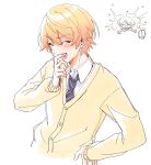  2boys blonde_hair blue_necktie blush cardigan closed_eyes collared_shirt hand_up highres kamishiro_rui long_sleeves male_focus multiple_boys necktie open_mouth project_sekai shirt simple_background smile solo_focus taro14_tea tenma_tsukasa upper_body white_background white_shirt yellow_cardigan 