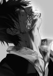  1boy blood blood_on_face broken_glass clenched_teeth collared_shirt glass greyscale highres jacket looking_at_viewer male_focus mix_(wkupmix) monochrome nicholas_d._wolfwood nosebleed profile shirt short_hair simple_background solo teeth trigun upper_body vial 