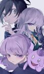  1girl 2boys ahoge black_gloves black_hair black_jacket blue_jacket cat_adonis25 closed_mouth collared_shirt commentary_request crossover crown danganronpa:_trigger_happy_havoc danganronpa_(series) danganronpa_v3:_killing_harmony ghost gloves highres horns jacket kirigiri_kyoko long_hair looking_at_viewer master_detective_archives:_rain_code multiple_boys necktie one_eye_closed open_mouth orange_necktie pale_skin purple_eyes purple_hair saihara_shuichi shinigami_(ghost)_(rain_code) shinigami_(rain_code) shirt short_hair simple_background smile trait_connection upper_body white_shirt yellow_eyes yuma_kokohead 