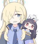  2girls ahoge animal_ear_fluff animal_ears black_hair blue_archive blue_eyes blue_halo blue_necktie blue_shirt blush_stickers chibi commentary grey_halo hair_over_one_eye halo kanna_(blue_archive) long_hair looking_at_viewer mini_person minigirl miyu_(blue_archive) multiple_girls necktie no_nose person_on_shoulder pink_pupils rabbit_ears red_eyes sailor_collar sharp_teeth shirt teeth twig umihio upper_body very_long_hair white_sailor_collar 