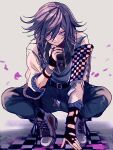  1boy baggy_clothes black_nails black_pants black_scarf blood checkered_clothes danganronpa_(series) danganronpa_v3:_killing_harmony fingerless_gloves full_body gloves hair_between_eyes highres jewelry looking_at_viewer male_focus nail_polish necklace oma_kokichi pants pink_blood purple_eyes purple_hair ring scarf short_hair simple_background smile solo squatting urami0310 white_footwear 
