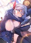 1girl absurdres ako_(blue_archive) bell blue_archive blue_coat blue_eyes blue_hair blue_hairband blue_halo blurry blurry_background blush bow breasts clock closed_mouth coat commentary double-parted_bangs hair_between_eyes hairband halo head_on_table head_rest highres large_breasts light_frown long_sleeves looking_at_viewer medium_hair neck_bell paper phone red_bow shirt sideboob sideless_outfit sideless_shirt skindentation solo thighs tsubameno twitter_username white_shirt 