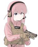  1girl blue_eyes bocchi_the_rock! body_armor gloves gotoh_hitori gruppe gun handgun headset highres jacket kessoku_band_logo pink_hair pink_track_suit tactical_clothes track_suit weapon 