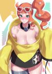  1girl aqua_eyes bare_shoulders blush breasts cleavage cosplay covered_nipples eyewear_on_head glasses grey_thighhighs hair_ornament highres iono_(pokemon) iono_(pokemon)_(cosplay) jacket long_hair mizuumi_(bb) orange_hair pokemon pokemon_(game) pokemon_sv pokemon_swsh side_ponytail single_thighhigh sleeves_past_wrists solo sonia_(pokemon) sweat thighhighs 