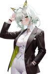  1girl absurdres animal_ear_fluff animal_ears arknights black_jacket blush closed_mouth collared_shirt commentary_request dress_shirt green_eyes grey_hair hair_intakes hand_in_pocket highres jacket kal&#039;tsit_(arknights) long_sleeves looking_at_viewer open_clothes open_jacket pants sama_(sama24654684) shirt simple_background solo watch white_background white_pants white_shirt wristwatch 