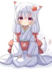  animal_ears flower fox_ears fox_girl fox_tail hair_flower hair_ornament hane. highres japanese_clothes obi original red_eyes sash tail twintails white_background white_hair 