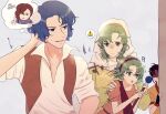  2girls 3boys ? ?? arm_behind_head dress fire_emblem fire_emblem:_thracia_776 green_dress green_eyes green_hair hairband hands_on_another&#039;s_shoulders highres holding holding_staff hood kazaki_sera lifis multiple_boys multiple_girls open_mouth orange_dress peeking perne_(fire_emblem) safy_(fire_emblem) salem_(fire_emblem) shirt siblings sign sisters staff tina_(fire_emblem) warning_sign white_shirt 