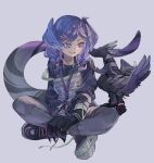  1girl absurdres animal blue_eyes braid denim dragon dragon_claw dragon_girl dragon_tail ember_(selen_tatsuki) feathered_wings head_wings heterochromia highres jacket jeans kyo_mizusawa lanyard long_hair looking_at_another nijisanji nijisanji_en open_mouth pants pink_eyes purple_eyes selen_tatsuki shoes sitting smile sneakers tail twin_braids virtual_youtuber wings 