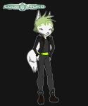  5:6 absurd_res ambiguous_gender anthro april_fools april_fools&#039;_day bone boots bottomwear byte_fantail_(character) canid canine canis clothing code_lyoko cursed_image domestic_dog footwear fur green_body green_fur hands_on_hips hi_res husky jacket leather leather_clothing leather_jacket leather_topwear mammal nordic_sled_dog pants pink_nose shirt sillydraco solo spitz topwear white_body white_fur 